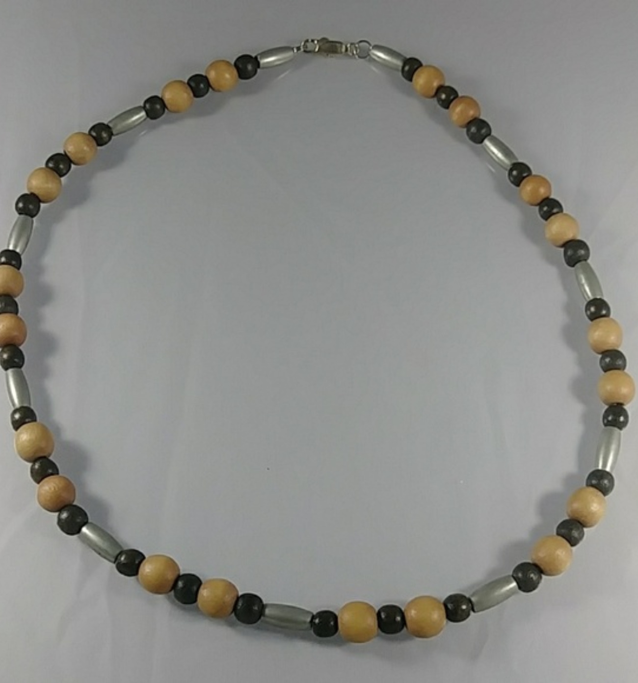 (375-NCK-MEN) - Description: Wood Beads, Sterling Silver Lobster Claw, Silver Tone Barrel Beads - Dimension: 18' L (Inches)