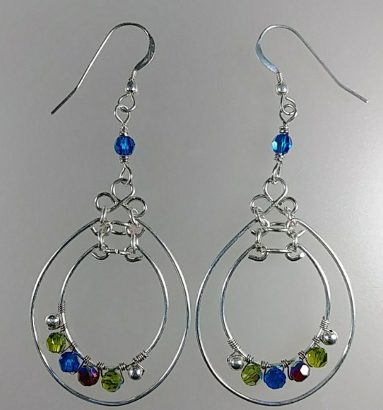 (632 - EAR) - Description:  Earrings: Sterling Silver Wire & Beads, Olivine, Sapphire, Ruby Swarovski AB Crystal Beads, Sterling Silver Fishhook Earwire. - Dimension:  (3”L) x (1 1/4” W) (inches/Length/Width)