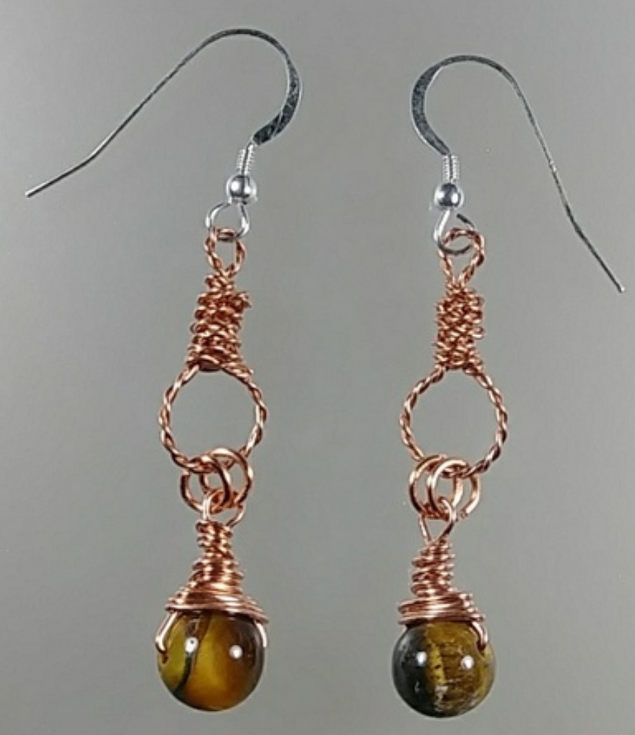 (624 - EAR) - Description: Earrings: Copper Wire, Copper Wire, Tigers Eye Gemstones. (Sterling Silver Earwire  Dimension: 2 ' L (Inches)