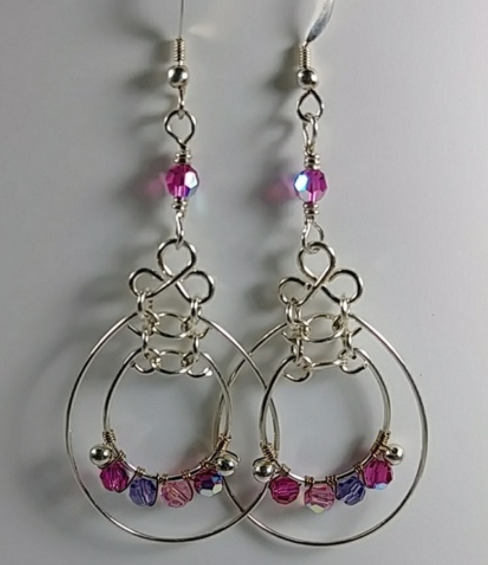 607 - EAR - Description:  Earrings: Sterling Silver Wire/Beads, Fuchsia, Violet and Light Rose Swarovski AB Crystal Beads, Sterling Silver Fishhook Earwire.  Dimension:  (3”L) x (1” W) (Inches)