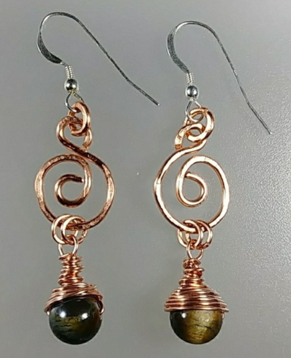 (625 - EAR) - Description: Earrings: Copper Wire, Tigers Eye Gemstones. (Sterling Silver Earwire - Dimension: 2 1/4 ' L (Inches)