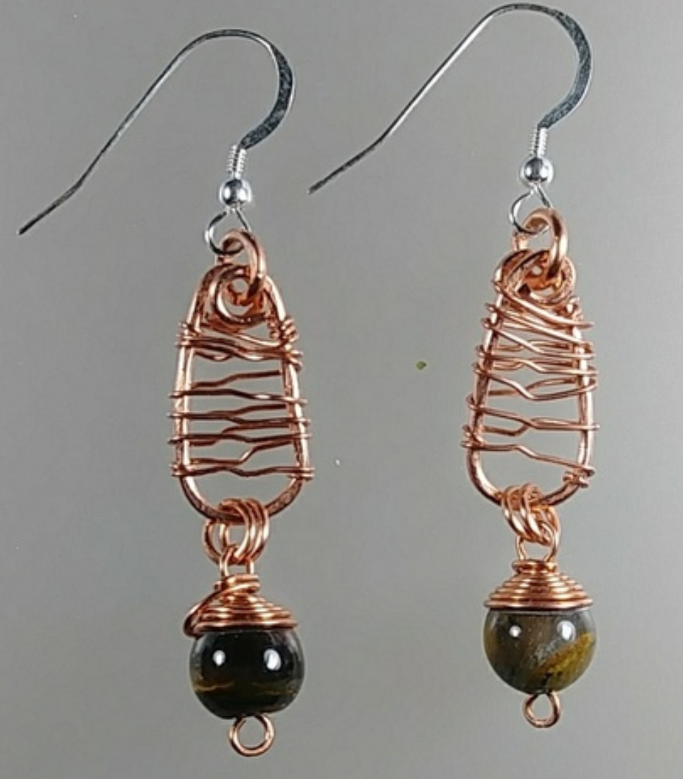 (623 - EAR) - Description: Earrings: Copper Wire, Tiger's Eye Gemstones (Sterling Silver Earwire - Dimension: 2 1/4 ' L (Inches)