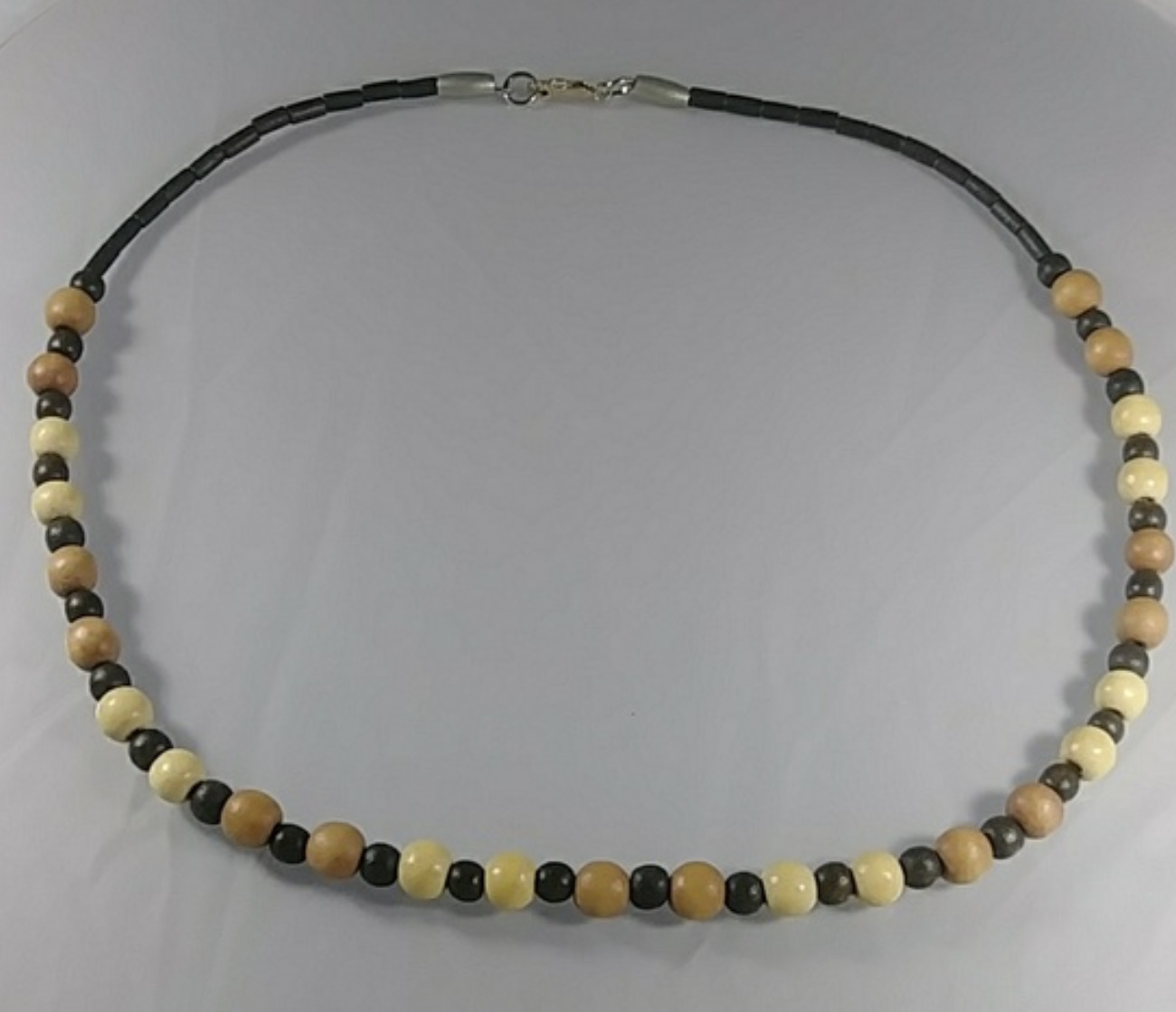 (376-NCK-MEN) - Description: Sterling Silver Lobster Claw, Wood Beads, Silver tone Beads - (Hand strung on bead stringing wire)  - Dimension: 21 3/4' L (Inches)