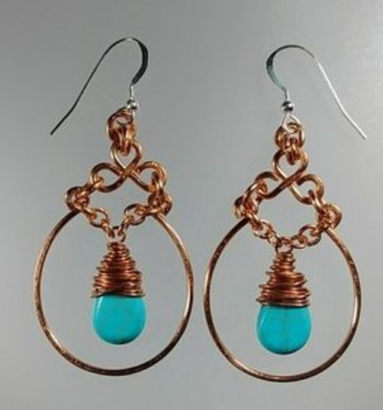 617 - EAR - Description:  Earrings: Copper Wire, Turquoise Howlite Gemstone (Sterling Silver Earwire)  Dimension: 2 1/2 ' L (Inches