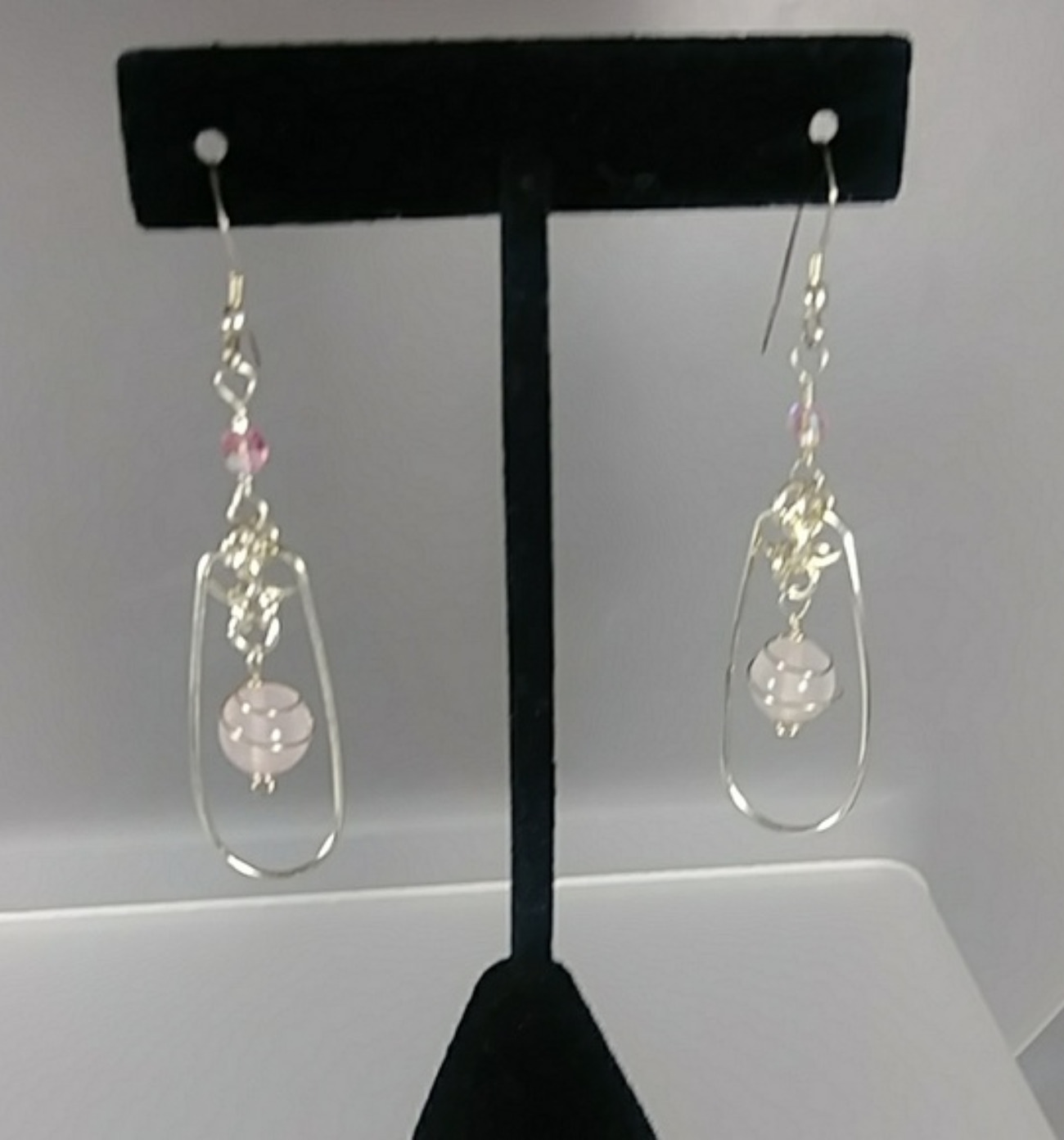 603  - EAR - Description:  Earrings: Sterling Silver Earrings, Pink Quartz Gemstones and Swarovski Crystals (Sterling Silver Earwire)  Dimension: 2 ' L (Inches)