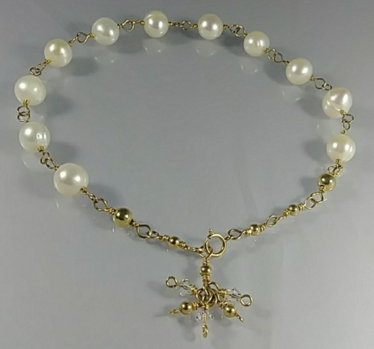 (200-BCT) - Description: Handcrafted Bracelet, Genuine Pearls, 14 KT Gold Wire, Beads and Closure, Swarovski AB Crystals  - Dimension: Adjustable up to 10 3/4 ' L (Inches)