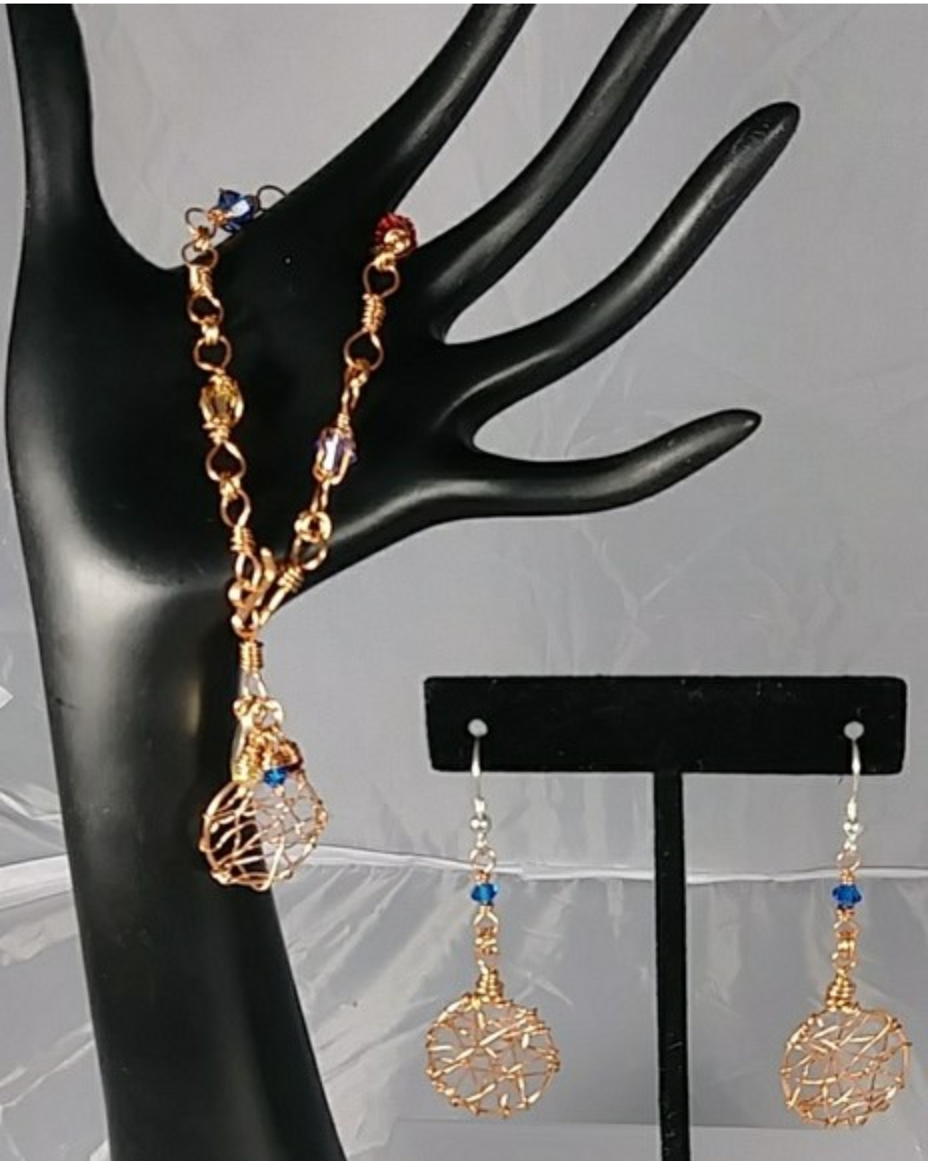 (221  - BCT) - Description: Handcrafted Bracelet/Earrings, Copper Wire, Swarovski Crystals, Sterling Silver Earwire Hook Closure - Dimension: Bracelet 8' L (Inches)