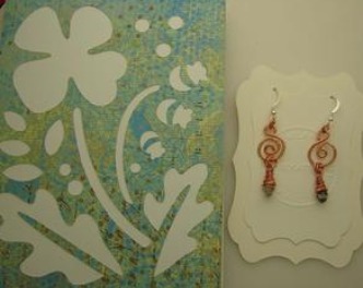 (3002-JGCD) - Description: Handcrafted Earrings: Copper Wire/Faceted Glass Beads/Sterling Silver Earwire - Hand Assembled Gift Card and Envelope - Dimensions: (Card: L x W - Earrings: L - In Inches)