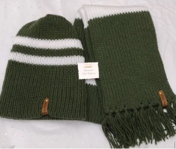 - Unisex Accessories -Material: 100% Acrylic Yarn, Custom Riveted Faux Leather Tags  Construction: Double Layered Knit Scarf and Beanie    Color(s): Forrest Green and White  Size: OS Stretchable 