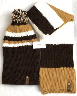 - Unisex Accessories - Material: 100% Acrylic Yarn, Custom Riveted Faux Leather Tags  Construction: Double Layered Knit Scarf and Beanie    Color(s): Gold, Chocolate Brown and White  Size: OS Stretchable 