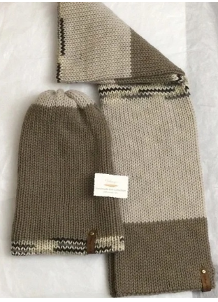 - Unisex Accessories - Material: 100% Acrylic Yarn, Custom Riveted Faux Leather Tags  Construction: Double Layered Knit Scarf and Beanie    Color(s): Soft Taupe, Barley and Mixed-Colored Yarn  Size: OS Stretchable)