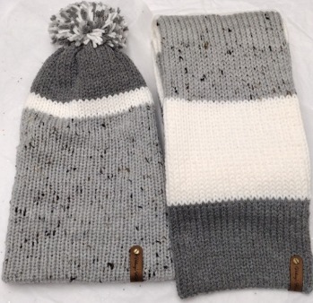 - Unisex Accessories - Material: 100% Acrylic Yarn, Custom Riveted Faux Leather Tags  Construction: Double Layered Knit Scarf and Beanie    Color(s): Tweed, Gray and White  Size: OS Stretchable 