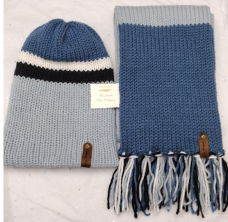 - Unisex Accessories - Material: 100% Acrylic Yarn, Custom Riveted Faux Leather Tags  Construction: Double Layered Knit Scarf and Beanie  Color(s): Smoke Blue, Blue Moon and Black  Size: OS Stretchable